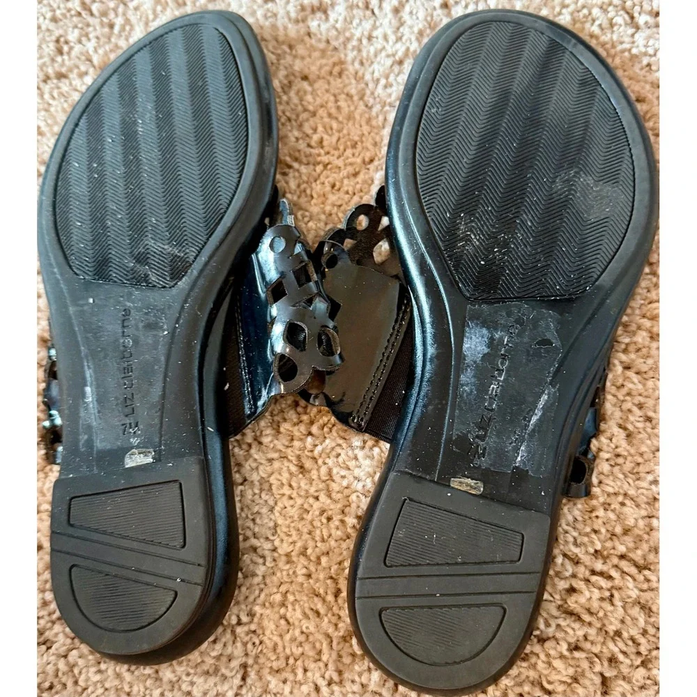 Liz Claiborne Womens Black Patent Laser Cut Thong Sandals‎ Size 7 Flat Slides